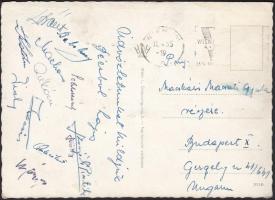 1955 A Budapest Honvéd labdarúgó csapat tagjai által aláírt képeslap (Kocsis Sándor, Palicskó Tibor, Lóránt Gyula, stb.)