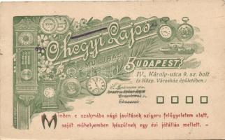 Hegyi Lajos műórás kereskedése; Budapest, Károly utca 9. / watchmaker shop advertisement