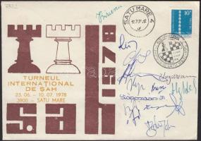 1978 A Szatmárnémeti nemzetközi sakk verseny résztvevő versenyzőinek aláírása alkalmi borítékon / Satu Mare international chess contest participants signature on special envelope