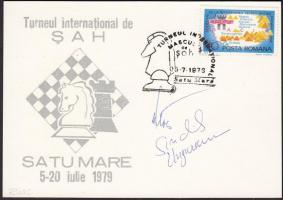 1978 A Szatmárnémeti nemzetközi sakk verseny résztvevő versenyzőinek aláírása alkalmi levlapon, Satu Mare international chess contest participants signature on CM