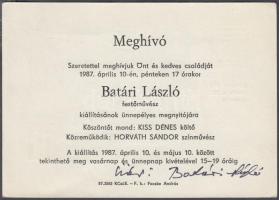 1987 Meghívó Batári László festőművész kiállításának megnyitójára, saját kezű aláírásával