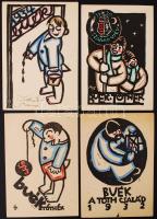 A. Tóth Sándor (1904-1980): Újévi üdvözlőlapok. 4 db fametszet, saját kézírással elküldve