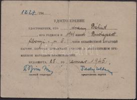 1945 Bp., Független Kisgazdapárt által Arany Bálint részére kibocsátott pártigazolvány Tildy Zoltán ...