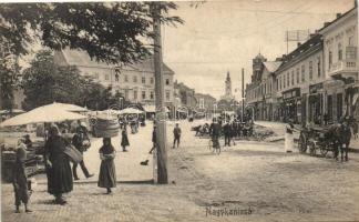 Nagykanizsa, piac, Grünfeld üzlete, bútorüzlet, templom