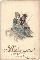 New Year, Georgian era couple, etching style art postcard