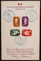 1940 Magyar művészetért emléklap Horthy Miklósné facsimile soraival