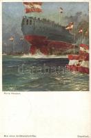 Bau eines Grosskampfschiffes - Stapellauf / K.u.K. navy, art postcard s: Harry Heusser