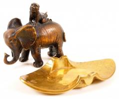 Elefánt réz szobrocska majommal, réz hamutartó tál