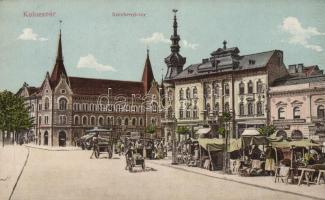 Kolozsvár, Széchenyi tér, Vlad János üzlete, Singer és társa, biztosító, Gergely J. húsüzlete, gyógyszertár / square, market, shops, insurance, pharmacy (small tear)