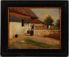 Zentay jelzéssel: Libaterelés az udvaron. Olaj, karton, keretben, 20×25 cm