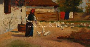 Zentay jelzéssel: Libaterelés az udvaron. Olaj, karton, keretben, 20×25 cm