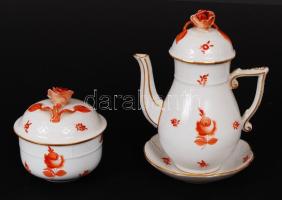 Herendi virágmintás kávékiöntő, cukortartó és csészealj, rózsákon apró lepattanások, kézzel festettek jelzettek