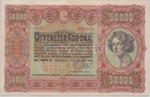 1923. 50.000K "MINTA" perforcióval, piros "000" számozással T:restaurált (hajtatlan, restaurált cigarettacsikk nyom az "A" betűnél") Hungary 1923. 50.000 Korona "MINTA" perforated, red "000" serial number C:restored (unfolded, restored cigarette butt mark at letter "A")  Adamo K45M1a