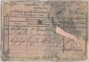 1859. 5G korabeli hamisítványa, "Falsificat" felülnyomás a hátoldalon, a hamisításról szól...