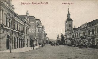 Beregszász, Verbőczy tér, kávéház, Stark Lajos és Izsák Ödön üzletei, Farkas J. kiadása / square, shops