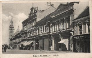 Szombathely, Főtér, Pintér Ilona üzlete, fogorvos, Első Magyar Biztosító Társaság, templom