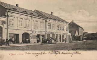 Lippa, Fő út, Hirschmann Ignác és Tretter Nándor üzlete, Ipari és Gazdasági Hitelszövetkezet / street, shops, bank (EB)
