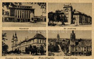 Kiskunfélegyháza, Vasútállomás, Járásbíróság, gimnázium, Szent István templom, Kossuth Lajos utca, Vesszősi József kiadása (fa)