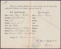 1883 Bp., Német nyelvű házasság kihirdetését előjegyző igazolás