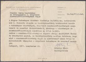 1967 Bp., Ortutay Gyula (1910-1978) aláírása az Ethnographia folyóirat szerkesztőbizottságának címzett levélen