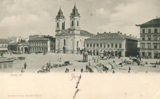 Arad, Thököly tér, Gőz és Kádfürdő, Schwarz R., Lőwy Armin és Hoffmann József üzletei / square, church, shops, spa, market (EK)