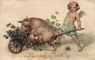 New Year, pig, angel, Emb. litho (EK)