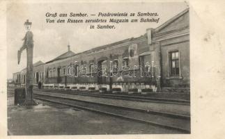 Sambir, Sambor; Von den Russen zerstörtes Magazin am Bahnhof / railway station