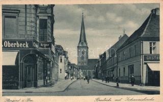 Stargard Szczecinski, Stargard in Pommern; Breitestrasse, Johanniskirche / street, church, Krüger & Oberbeck's shop (EB)