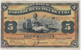 Kuba/spanyol adminisztráció 1896. 5P "Plata" felülbélyegzéssel T:restaurált Cuba/Spanish administration 1896. 5 Pesos with "Plata" overprint C:restored  Krause 48