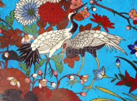 Antik madaras kínálótál, zománc díszítéssel, sérült, d:30 cm