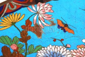 Antik madaras kínálótál, zománc díszítéssel, sérült, d:30 cm