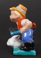 Komlós vadász figura, máz hibákkal, kézzel festett, jelzett, m:11 cm