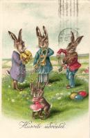 Easter, rabbit musician band litho