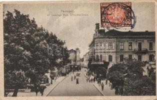 Ternopil, Tarnopol; Ul. Trzeciego Maja / street, Mieguni stamp and card shop advertisement on the backside (wet corner)