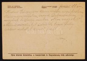 1948 Szovjet hadifogságból hazatérő személy levelezőlapja az otthoniaknak a máramarosszigeti átmenő ...