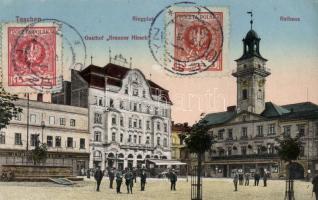 Cieszyn, Teschen; Ringplatz, Rathaus, Gasthof Brauner Hirsch / square, town hall, hotel, automobiles (EK)