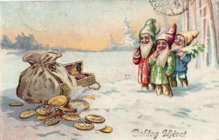 New Year, dwarves, coins, golden decoration litho (gluemark)