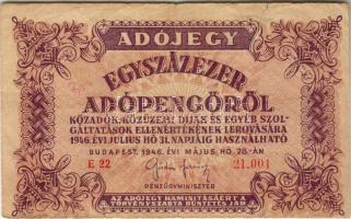 1946. 100.000Adópengő elő- és hátlap erősen lefelé csúszva T:II/III