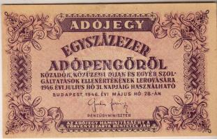 1946. 100.000Adópengő hátlapi nyomat erősen jobbra csúszva (baloldalon részlet az előző bankjegyből), szöveg felfelé csúszva T:II