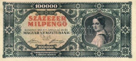 1946. 100.000Milpengő alapnyomat és felirat felfelé, ill. erősen jobbra csúszva T:II+ Csak egyszer hajtva!