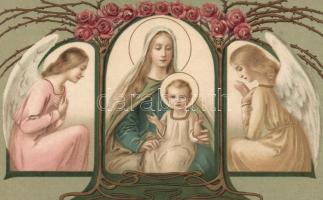 Mary, Jesus, angels, floral Art Nouveau Emb. litho