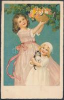 Girls, flowers, cat, artist signed litho (Rb)