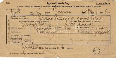 1945 Összeírási igazolás
