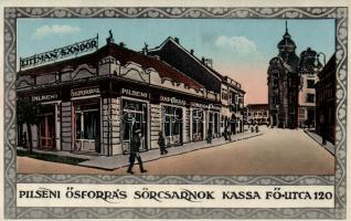 Kassa, Fő utca 120. Littman Sándor Pilseni Ősforrás sörcsarnoka, Nyulászi Béla kiadása / main street, beer hall (kis szakadás / small tear)