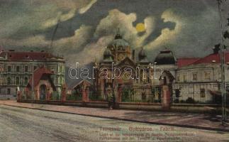 Temesvár Gyárváros; Liget utca, zsinagóga, Apollo mozi / synagogue, cinema at night