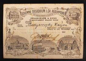cca 1900-1910 Rómába való zarándoklatra névre szóló utazási kártya és hozzá kapcsolódó utalványok