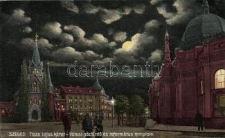 Szeged, Tisza Lajos körút, Városi gőzfürdő, Református templom, este, kiadja Pető Ernő