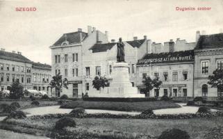Szeged, Dugonics szobor, Dugonics szálloda, étterem, bor és sörcsarnok, Moskovitz Lajos üzlete, Grünwald Hermann kiadása (EK)