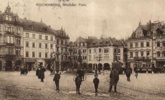 Liberec, Reichenberg; Altstadter Platz / old town square, Hotel Victoria, tram, Anton Hein's shop and publishing