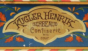 cca 1900 Kugler Henrik Gerbaud Cs. és Kir. Udvari Cukrászda és Csokoládé-Gyár fém doboz, 14x22x7 cm